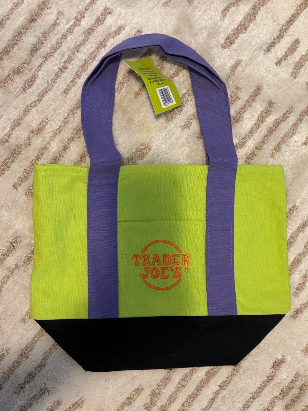 Trader Joe's Lime and Purple Canvas Tote with Black Base